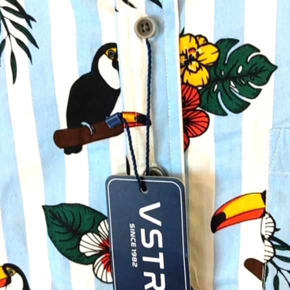 VSTR BLUE WHITE STRIPE TOUCAN CASUAL SHORT SLEEVE BUTTON UP SHIRT SIZE L… - Picture 4 of 8